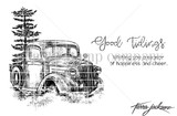The Good Tidings red rubber set by Tierra Jackson: vintage pickup beside a pine with two holiday sentiments.