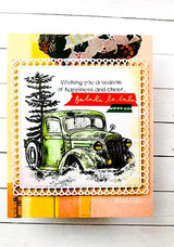 Peach lattice card with the vintage truck colored green, 'Wishing you a season of happiness and cheer' and a red 'falala la la.'