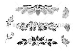 Line-art stamp sheet with three foliage border sprays - pine with a ribbon and pinecone, an olive-leaf and berry branch, and a holly and berry spray - plus small individual leaf, berry and pinecone stamps.