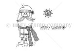 Happy Winter Gnome red rubber stamp set: a mustachioed gnome in a knit hat, long striped scarf, coat and boots, a snowflake, and the sentiment 'HAPPY WINTER'.