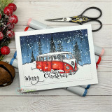 Handmade card featuring the vintage camper van among snowy pine trees, a red van on a snowy woodland scene, stamped with 'Always take the scenic route'.