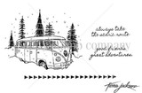 A red rubber stamp set of a vintage camper van, pine trees and travel sentiments.
