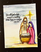 Starry watercolor nativity card with the Luke 2:12 'You will find a babe wrapped in swaddling clothes' scripture.