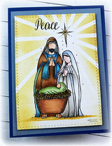 Sunburst Peace card of the holy family in blue and green under a radiant star.