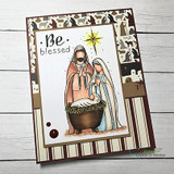 Be Blessed card of the nativity on brown nativity-print and striped papers.