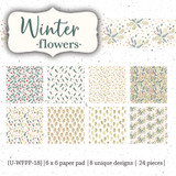 The Winter Flowers 6x6 paper pack - eight designs of fine winter sprigs, berries and leaves in sage, cranberry and gold on snowy cream, with the Winter Flowers label above the grid.