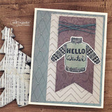 Grey and plum card with quilted texture and blue twine, a colored knit sweater at the center stamped with HELLO Winter.