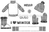 Stamp sheet of patterned knitwear pieces: a cabled sweater, two bobble hats, three fair isle mittens, a knit boot, a snowflake and banner strips, with word stamps reading HELLO, Winter and I love WINTER.