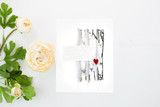 Clean white card with a small panel of outlined birch trunks, one tiny red heart and a delicate sentiment strip.