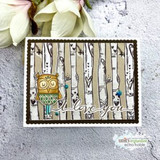 Card with birch trunks stamped on kraft, a small owl at the base, and 'i love you' lettered across a white banner.
