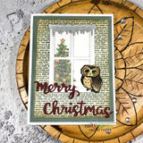 Owl in a cozy window with a Christmas tree, 'Merry Christmas,' on a wood-round background.