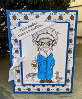 Card with the granny in a blue coat on coffee-print paper: 'This model runs on coffee.'