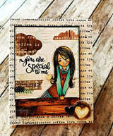 Coffee print collage card with the girl colored in a teal and pink outfit at a wooden counter, a heart topped latte and you are special to me in script.