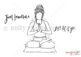 Line-art stamp of a sketched girl sitting cross-legged in meditation with sentiments 'just breathe' and 'just let it go.'