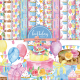 Birthday Party 6x6 paper pack — bright watercolor patterns of cupcakes, balloons, banners and confetti in pink, yellow, blue and coral.