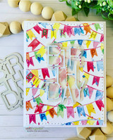 Card made with Birthday Party paper — a watercolor banner background spelling 'Birthday'.