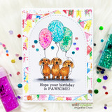 Card made with Birthday Party paper — three dachshunds holding balloons with 'Hope your birthday is PAWSOME!'