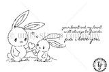 P.S. I Love You red rubber stamp set from Unity Stamp Co — two cuddly bunnies, one offering the other a little heart — shown on the black-line stamp sheet with sentiment stamps including “p.s. i love you” and “the happiest when I'm with you”.