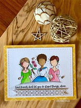 Card with the three friends colored in green, pink and blue tops, 'Good friends don't let you do stupid things...alone'