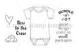 New to the Crew red rubber stamp set: a baby onesie, a small heart and a toy car, with sentiments 'New to the Crew', 'Bundle of Joy' and 'good things come in small packages'.