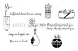Stamp sheet: five small plants in vases and pots (a branch in a heart bottle, a succulent in a striped pot, a succulent planter bowl, a flower in a teardrop vase and a round patterned pot) with 'Different doesn't mean wrong.', 'When things change inside you... things change around you.', 'Keep on keepin' on.' and 'You are so loved.'