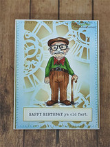 Card with the cane-toting gent in a red vest against a clockface stencil background and the 'old fart' birthday sentiment.