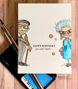 Card with the old man beside a blue-haired granny and coffee splats, sentiment reads 'Happy birthday ya old fart.'