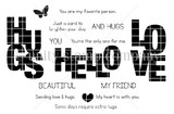 Red rubber stamp art of bold HUGS, HELLO and LOVE word stamps with heartfelt friendship sentiments