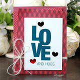 Red argyle card with teal LOVE and hearts, 'and hugs'