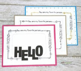 Trio of favorite-person frame cards with bold black HELLO