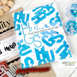 Blue letter-jumble background card with 'Some days require extra hugs'