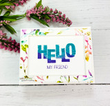 Second watercolor floral HELLO card with 'my friend' in navy