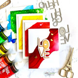 Rainbow alcohol-ink card set with red LOVE hearts and die-cut letters