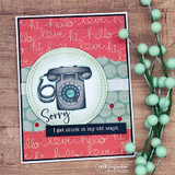 Card with a gray rotary phone in a circle, 'Sorry / I get stuck in my old ways' on a red 'hello love' background.