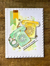 Card with a green rotary phone and arrow, 'not old, just vintage.'