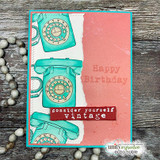 Card with teal rotary phones on a pink panel, 'consider yourself vintage / Happy Birthday.'