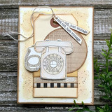 Card with a kraft-colored rotary phone and 'not old, just vintage' on a filmstrip panel.