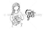 Black-and-white stamp art of a Planner Gal holding craft supplies, with 'Hello crafty girl.'