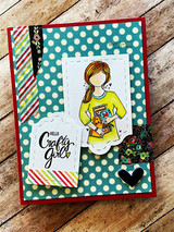Card with the crafty girl in a yellow top on teal polka-dot paper: 'Hello crafty girl.'