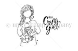 Black-and-white stamp art of a Planner Gal holding craft supplies, with 'Hello crafty girl.'