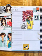 Planner spread decorated with several planner girl stickers above a printed 'my week' insert.