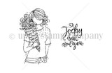 Line-art stamp of a planner girl cradling a big bouquet beside 'Today is all about you' in script.