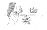 Line-art stamp of a woman holding a cupcake with a candle beside 'Birthday wishes' and 'hip hip hooray' – Hip Hip Hooray by Angie Blom.
