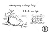 Beginning Today red rubber stamp set in line art: a plump little bird perched on a leafy branch, with the sentiments “The beginning is always today,” “HELLO new life.” and “DO NOT WORRY ABOUT TOMORROW.” Illustrated by Tierra Jackson.