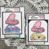 Doily card of pastel bug cars with hearts, "Be my Valentine."