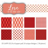 The Love is in the Air 6x6 paper pack - eight designs in true red and cream including argyle, harlequin diamonds, scattered hearts and chevrons, with the title label above the grid.