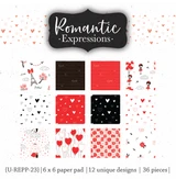 Romantic Expressions paper pad cover showing all twelve 6x6 designs in red, black and cream, including scattered hearts, tiny sweetheart couples, arrows, stripes and dotted heart prints.