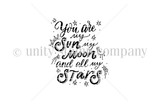 Line-art stamp sheet: Angie Blom's lettered 'You are my sun, my moon and all my stars' crescent moon, itty bitty red rubber stamp, Unity Stamp Co.