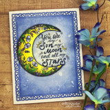 Ornate hand-lettered crescent moon reading 'You are my sun, my moon and all my stars,' an itty bitty red rubber stamp by Angie Blom.