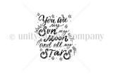 Line-art stamp sheet: Angie Blom's lettered 'You are my sun, my moon and all my stars' crescent moon, itty bitty red rubber stamp, Unity Stamp Co.